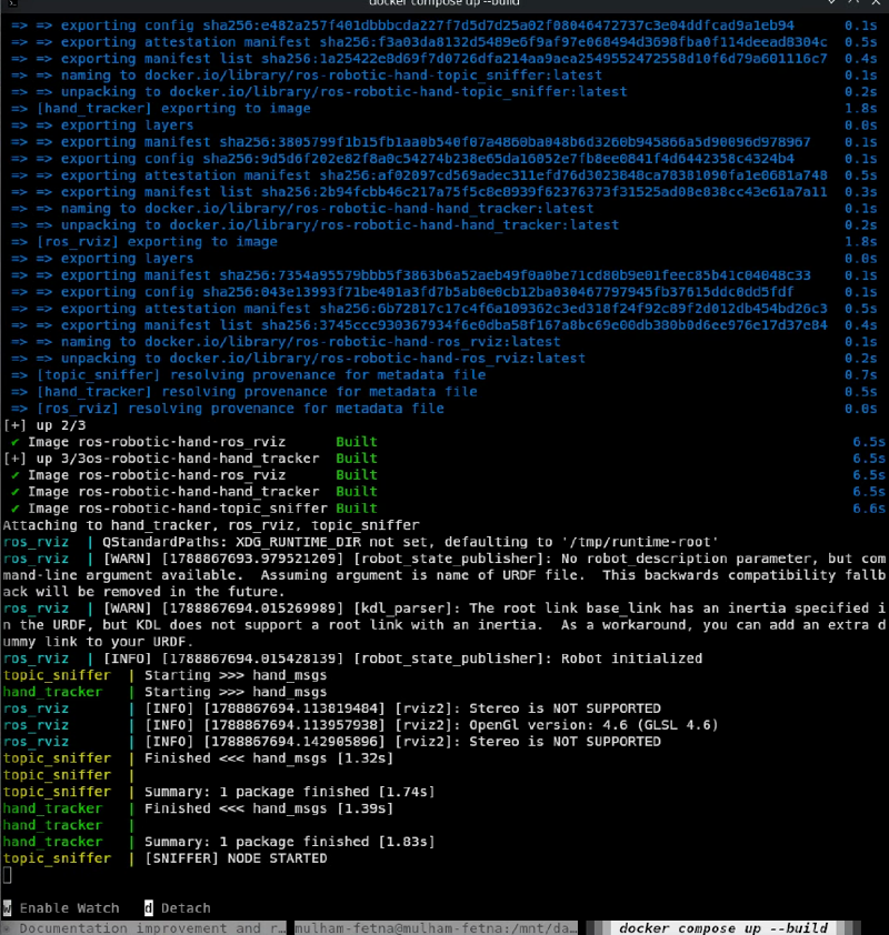 A full docker compose up &ndash;build: image layers exporting, colcon building hand_msgs inside both Python containers, then the ROS nodes attaching