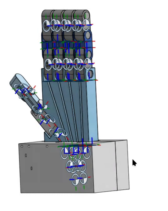 The current Onshape assembly: fingers, thumb, palm tendon channels and servo base